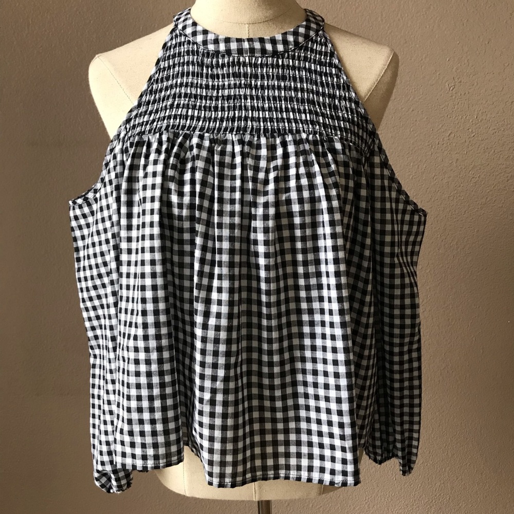 Re:named Black and White Gingham Cut-out Shoulder Top (S)